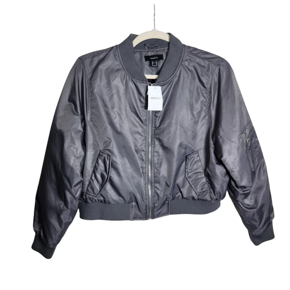 Forever 21+ Womens Plus 2X Pewter Gray Nylon Flight Bomber Jacket Gray